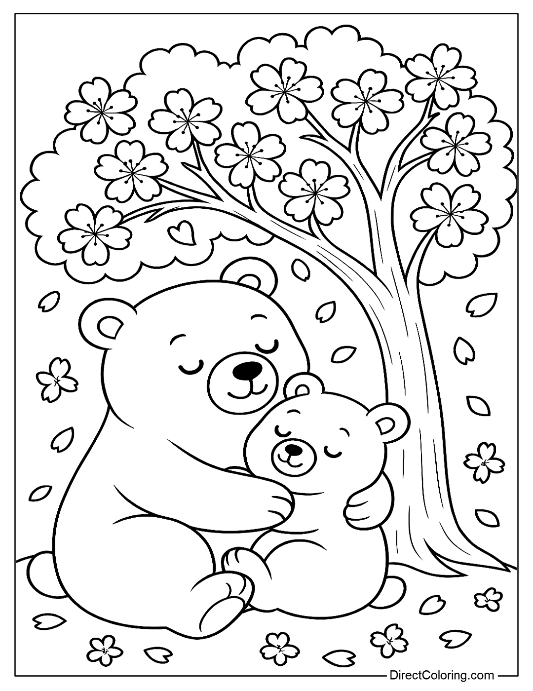 coloring page Mother bear holding baby bear under cherry blossoms, surrounded by gently falling flowers